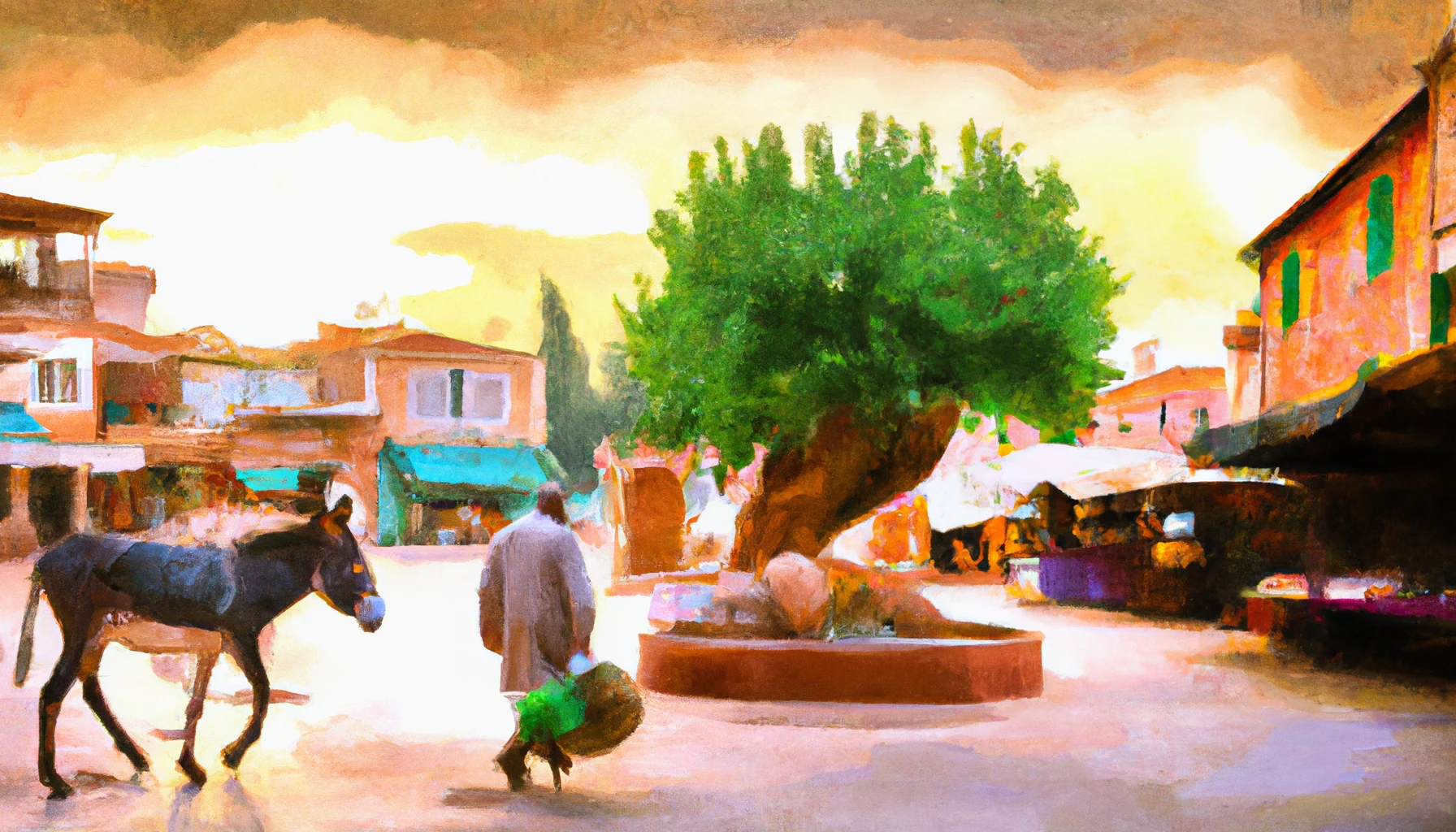 Dawn in a village, with a merchant leading his donkey towards the markets.